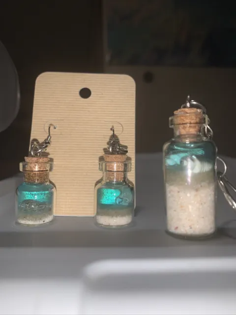 Handmade 5 Piece Set 2 Necklaces And Hook Earrings And Keychain Ocean Themed