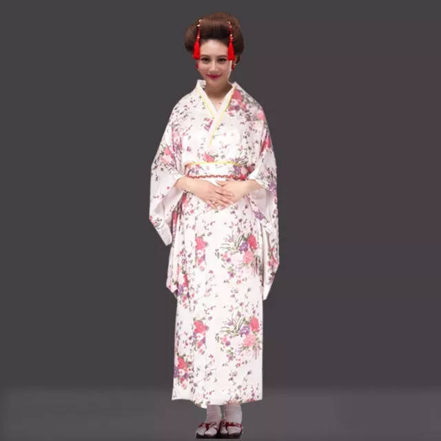 Lady Floral Japanese Kimono Satin Robe Yukata Geisha Costume Show Cosplay Soft 9
