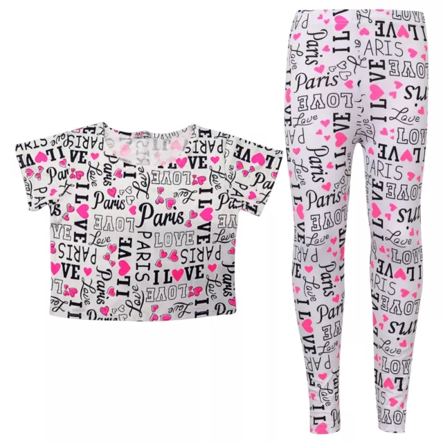 Kids Girls Crop Top I Love Paris Print Two Piece T Shirt Top Legging Outfit Set