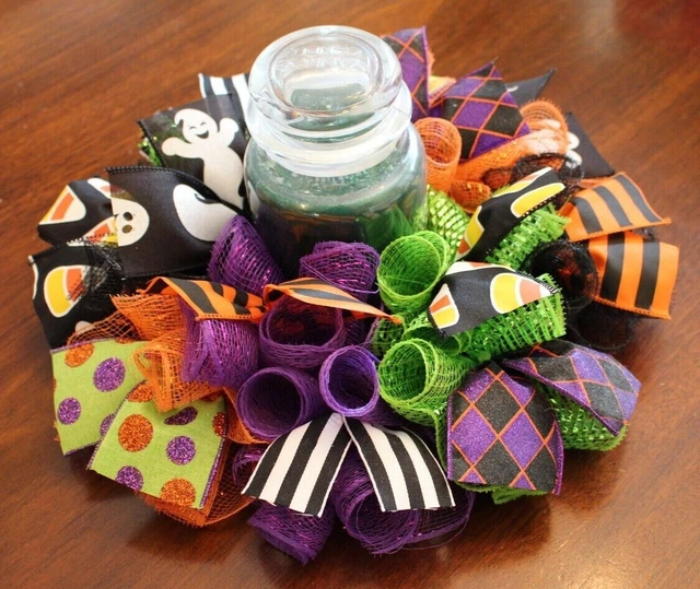 14" Halloween Centerpiece/Candle Ring/Mini Wreath - Deco Mesh w/Ribbons