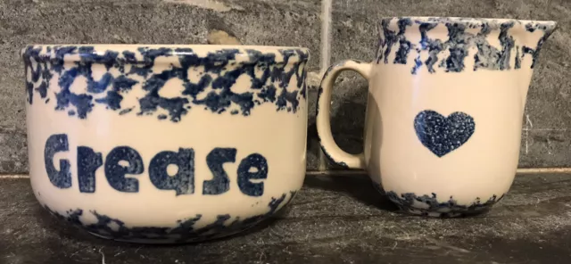 Tienshan Folk Craft Blue VTG SPONGE WARE Grease Bowl & Creamer 2PC No Lid