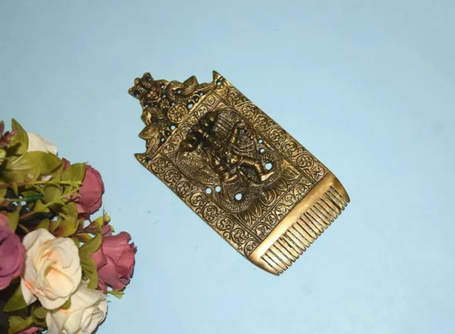 Brass Yali Hair Comb Krishna Conquering Kaliya Snake Hindu Mythology Carve EK971