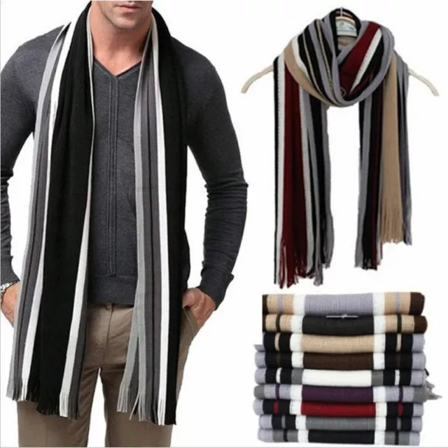 Mens Classic Cashmere Shawl Warm Long Fringe Striped Tassel Wrap Scarf Winter