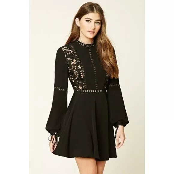Forever 21 Black Crochet Overlay Long Sleeve Mini Dress S