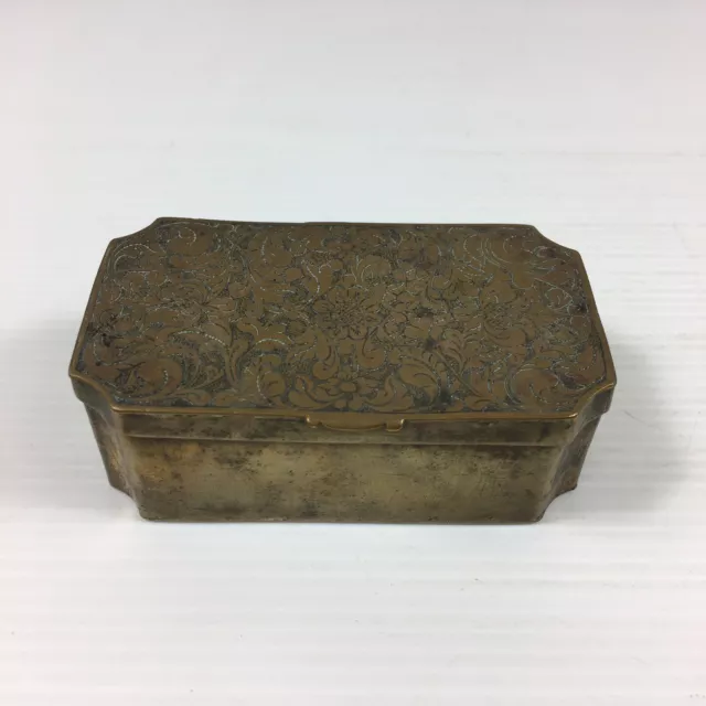 Antique 18th Century Brass Tobacco Box Engraved Floral Decoration 8cm Wide