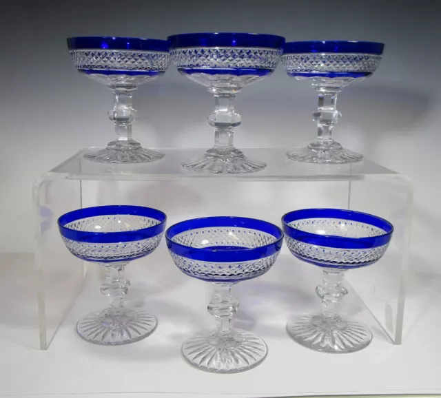 Cobalt Blue to Clear Diamond Cut Sherbert Champagne Glasses SET 6 Stemware
