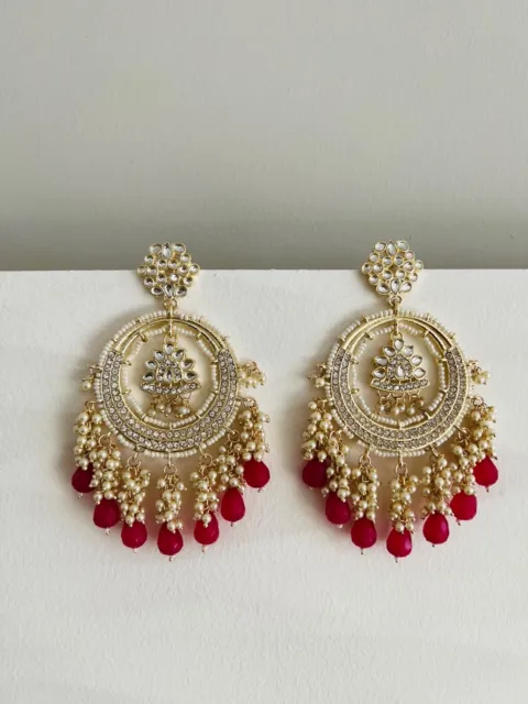 **UK Seller** Kundan Jhumka ChandBali Gold Earrings Indian Bollywood Pakistani