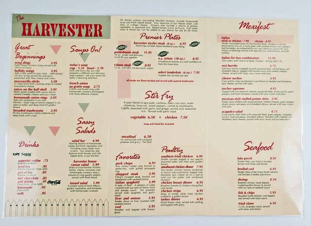 1990S MICHIGAN THE Harvester Family Restaurant Vintage Menu MI $34.09 ...