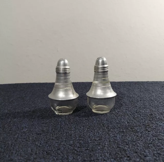 Vintage MCM Salt & Pepper Shakers Metal Tops Clear Glass Bottoms 1940's 1950's