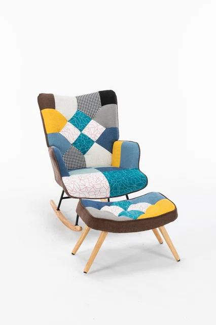Set of Wood Rocking Chair and Matching Ottoman,Patchwork Thick Padded Cushion