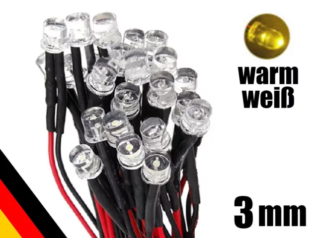 10, 25 oder 50 Stück 3mm LEDs Flachkopf warm weiß 20cm Kabel 9-12V DC Widerstand