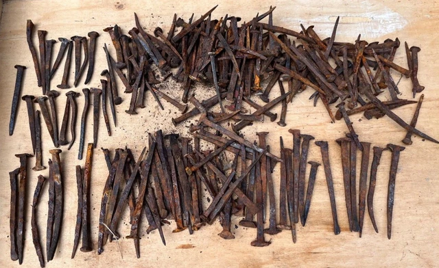 Antique Hand Wrought Iron Nails-Cut/Square Salvaged - Various lengths /some bent