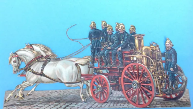 1v2: Feuerwehr Pferdewagen Dampfdruckspritze geprägte gestanzte Oblate 28cm~1860
