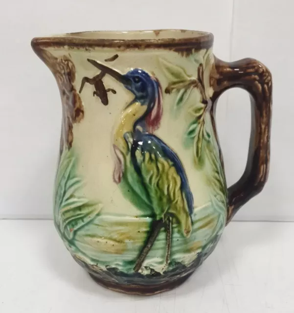 art nouveau pichet pot heron grenouille barbotine majolique majolica jugendstil