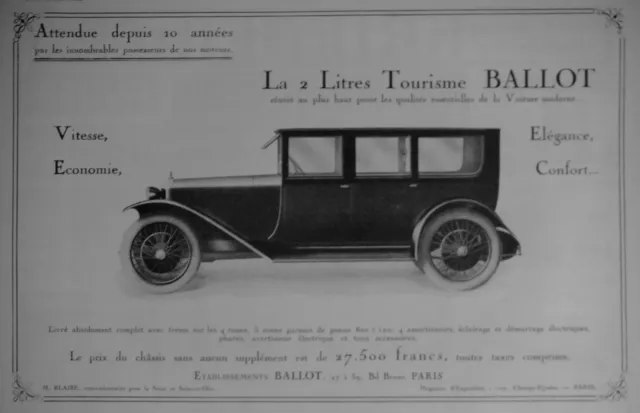 Publicité 1922 Ballot La 2 Litres Tourisme  - Advertising