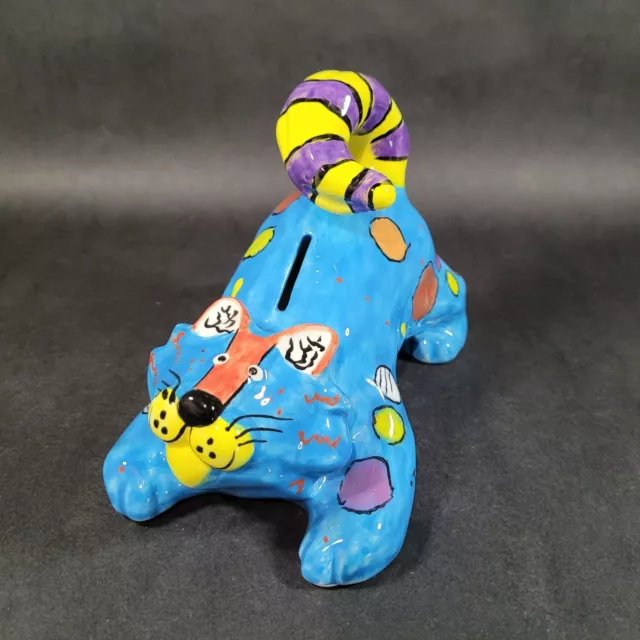 Ganz Dottie Dracos Ceramic Blue Cat Bank Colorful Hand Painted Whimsical