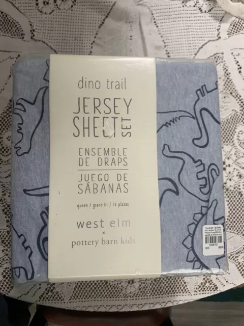 Juego de sábanas de jersey Pottery Barn para niños/West Elm Dino Trail-Queen- azul/azul