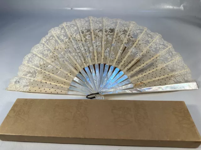 Antique Lace & Mother of Pearl Silver Sequin Hand Fan, with Orignial Box