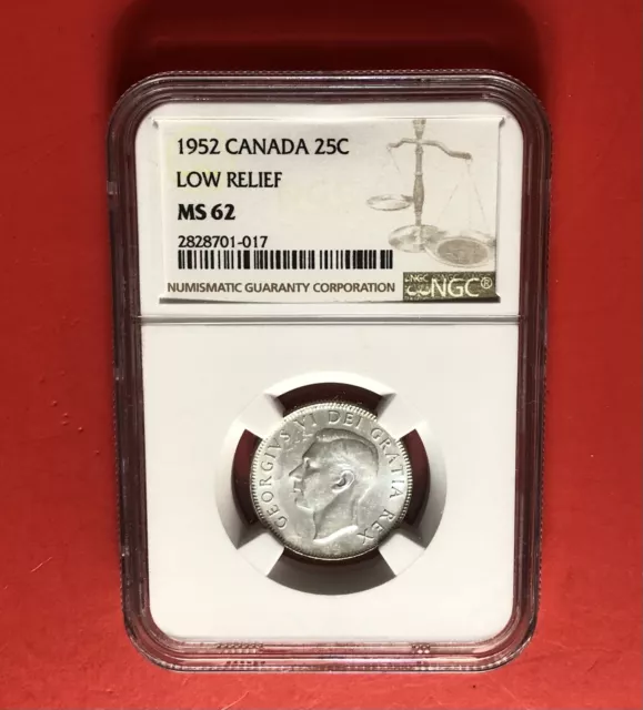 1952-Canada -25 Cents Proof Like Coin,Graded By Ngc Ms62( Low Relief ).