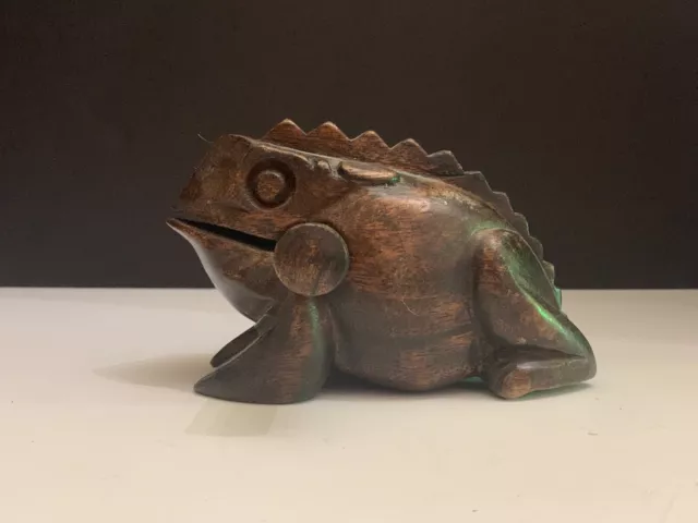 Vintage Hand Carved Wooden Croaking Frog Percussion Instrument