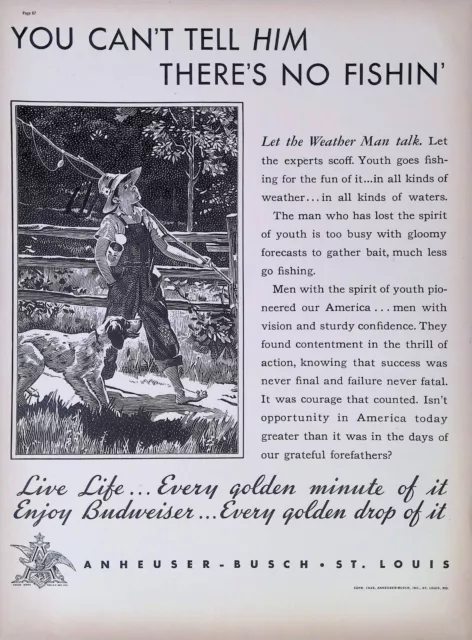 Print Ad 1938 Budweiser Anheuser-Busch St. Louis Barefoot Boy Fishing Pole Dog