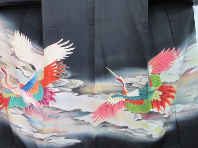 8127A4 Silk Vintage Japanese Kimono Tomesode Hand painted Crane Birds