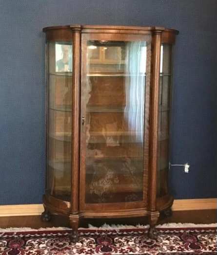 Antique Victorian Curved Glass Oak Display Cabinet Circa 1890