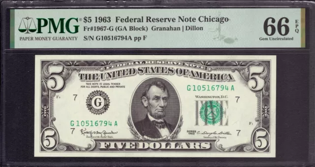 1963 $5 Federal Reserve Note Chicago Fr 1967 G Ga Block Pmg Gem Unc 66 Epq