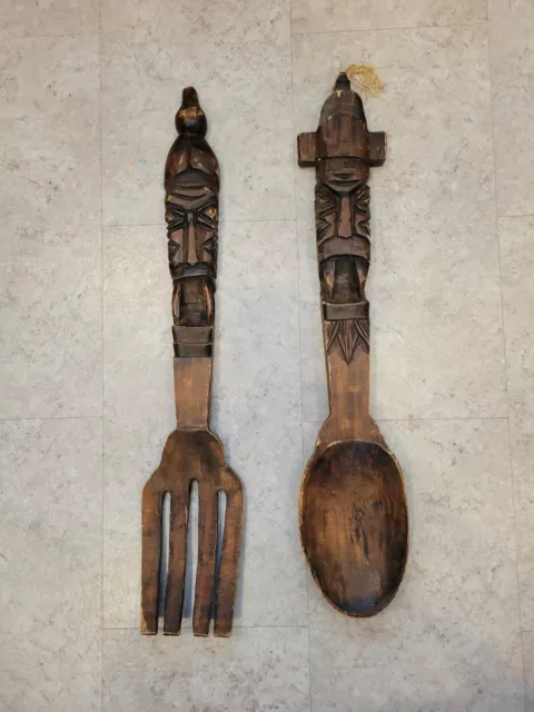 Vintage Large 32" Carved Wooden Fork and Spoon Wall Decor Wood Tiki Tribal Giant