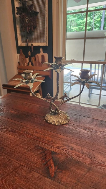 Large Solid Brass Bronze Two Monkey Three Palm Tree Candle Holder Candelabra 15"