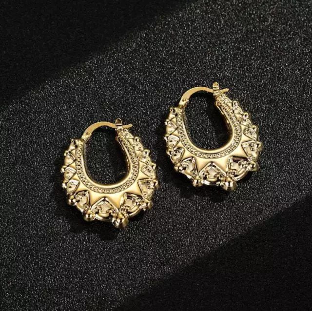 Medium Gold 18K GF Long Gypsy Creole Earrings Hoops Romany Ladies Women Filled 2