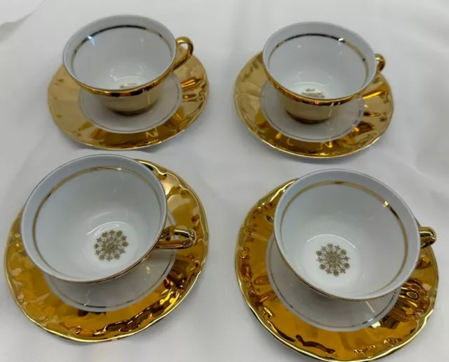 Vintage STW Bavaria 4 Porcelain Teacups And Saucers Gold and White