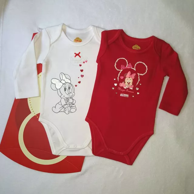 DISNEY BABY lot de 2 bodies bébé MINNIE noël rouge et blanc taille 6 mois NEUF