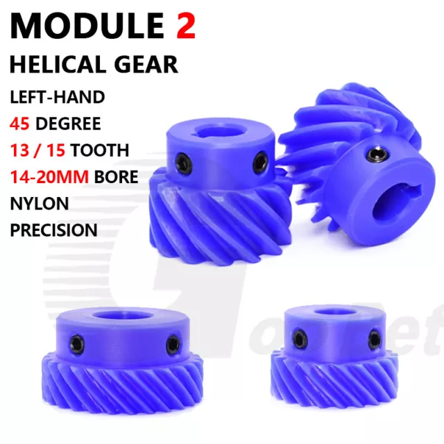Module 2 Helical Gear 45° Left-hand 13 / 15 Tooth Pinion Bore 14-20mm Nylon Blue