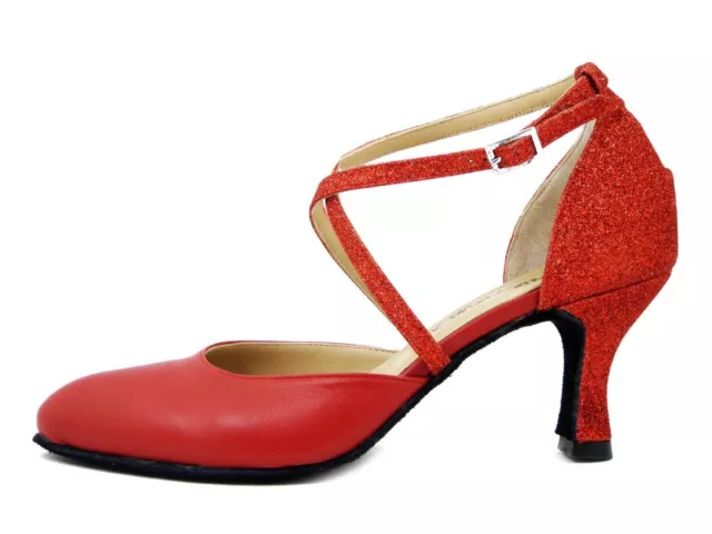 Scarpe Donna da Ballo Pelle e Glitter Rosso Tacco Medio 7 cm MADE IN ITALY