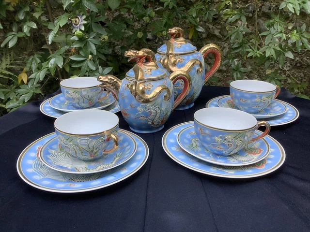 VINTAGE DRAGONWARE BLUE Four Piece Tea Set Suisei China Made In