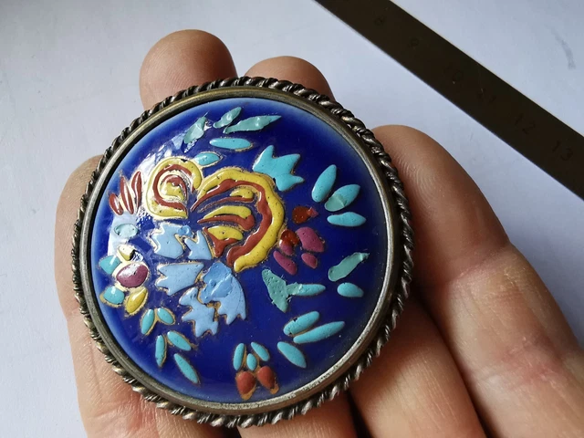 Broche Art Déco Limoges - Email Sur Paillon Argent, Fleurs Bleues, Signée G.Funck