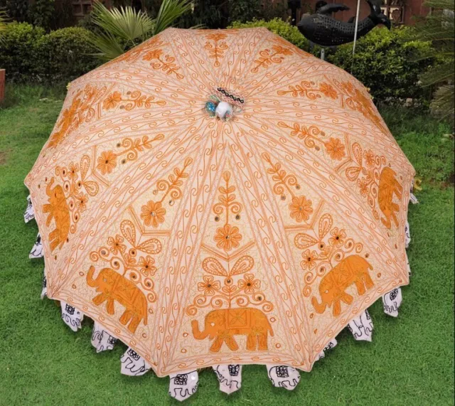 Garden Parasol Elephant Embroidered Indian Outdoor Sun Shade Patio Umbrella 70"
