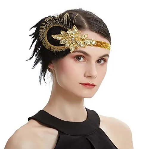 1920s Flapper Peacock Headband 20s Sequins Elastic Headpiece Great Gatsby Hair A