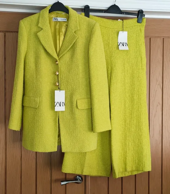 ZARA SUIT Blazer Jacket & Wide Leg Culotte Trousers Textured M Lime Green Co Ord