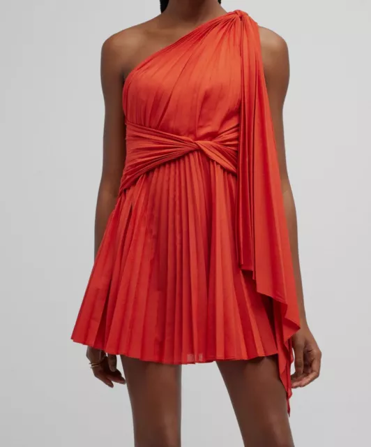 $370 Acler Women's Orange Luton Pleated One-Shoulder Mini Dress Size 8