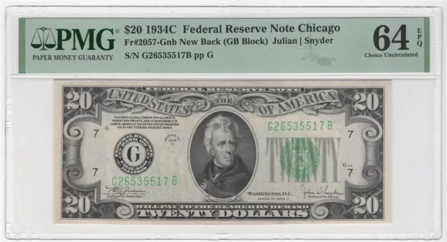 1934C $20 US Federal Reserve Note Fr#2057-Gnb New Back (PMG 64 EPQ Choice UNC)