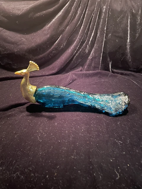 Avon Vintage Peacock Empty Perfume Bottle Lovely Blue Glass Body Gold Tone Head