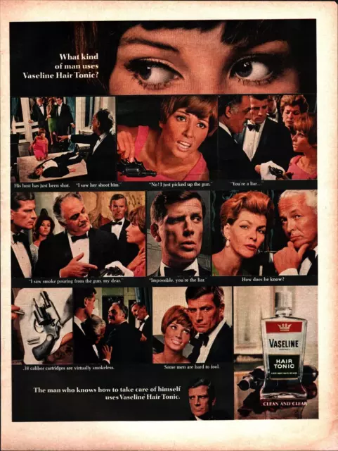 Vaseline Hair Tonic 1967 Vtg Print Ad 10x13 Murder Mystery What Kind of Man a3