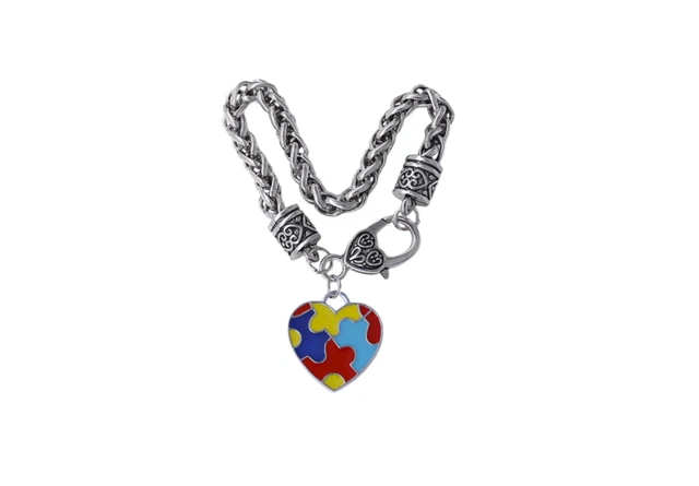 Colorful enamel metal autism puzzle jigsaw heart pendant bracelet Silver Color