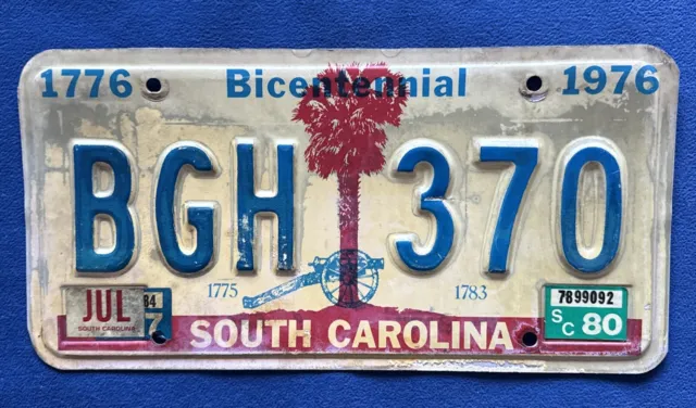 Vintage South Carolina 1776 1976 Bicentennial License Plate Tag BGH 370 Exp 7/80