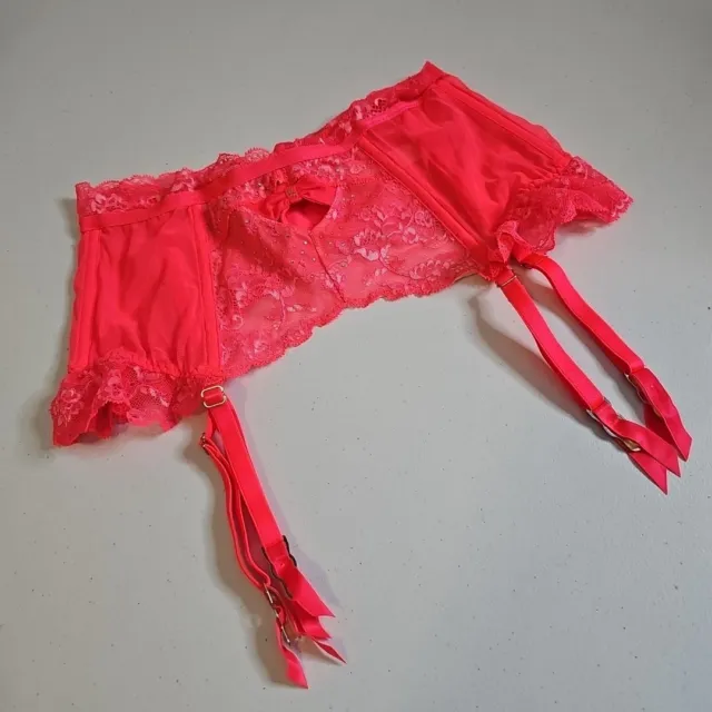 Victoria's Secret  Hot Pink Garter Belt Mesh & Lace Rhinestones Womens Size S
