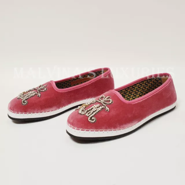 GUCCI SHOES PINK Velvet Moccasin Loafers Pearl Am Applique Flats $980 ...