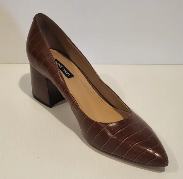 Nine West Women's Heels Size 8M Brown Faux Leather Block Pointed Toe Crocodile