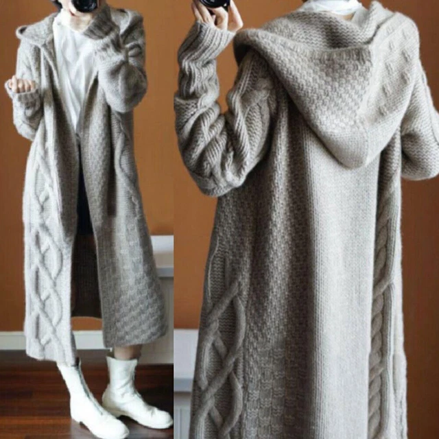Damen Strickjacke Mantel mit Kapuzen Langarm Cardigan Freizeit Outwear Neu Lange